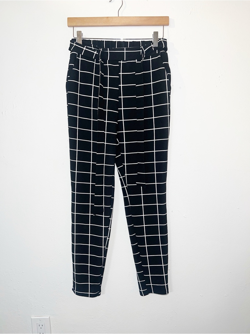 Black Grid Paperbag Waist Trousers Slim Tapered Leg From Amazon - No Brand Tag